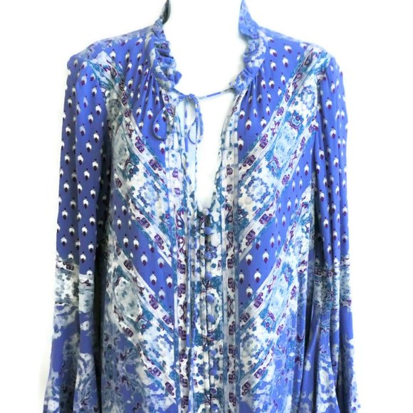Free People Mini Dress Blue Purple Geo Floral Long Bell Sleeves Ruffle Collar S - Picture 6 of 9
